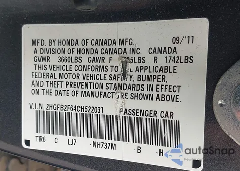 2012 Honda Civic Hf из США, поврежденный, VIN 2HGFB2F64CH522031